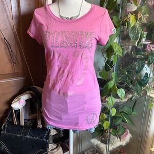 Y2K Pink Victoria's Secret Rhinestone Logo Heart T-Shirt Sz Small W/ Peace Sign